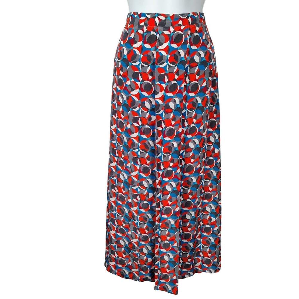 Silk Geometric Circle‎ Print Maxi Skirt Red Blue Grey Size 10 Wrap Front Slit